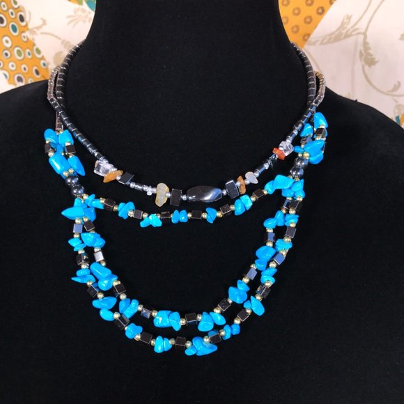 2 Necklace Lot Hematite Bead Turquoise Dyed Howlite Carnelian Quartz Grounding - Picture 2 of 8
